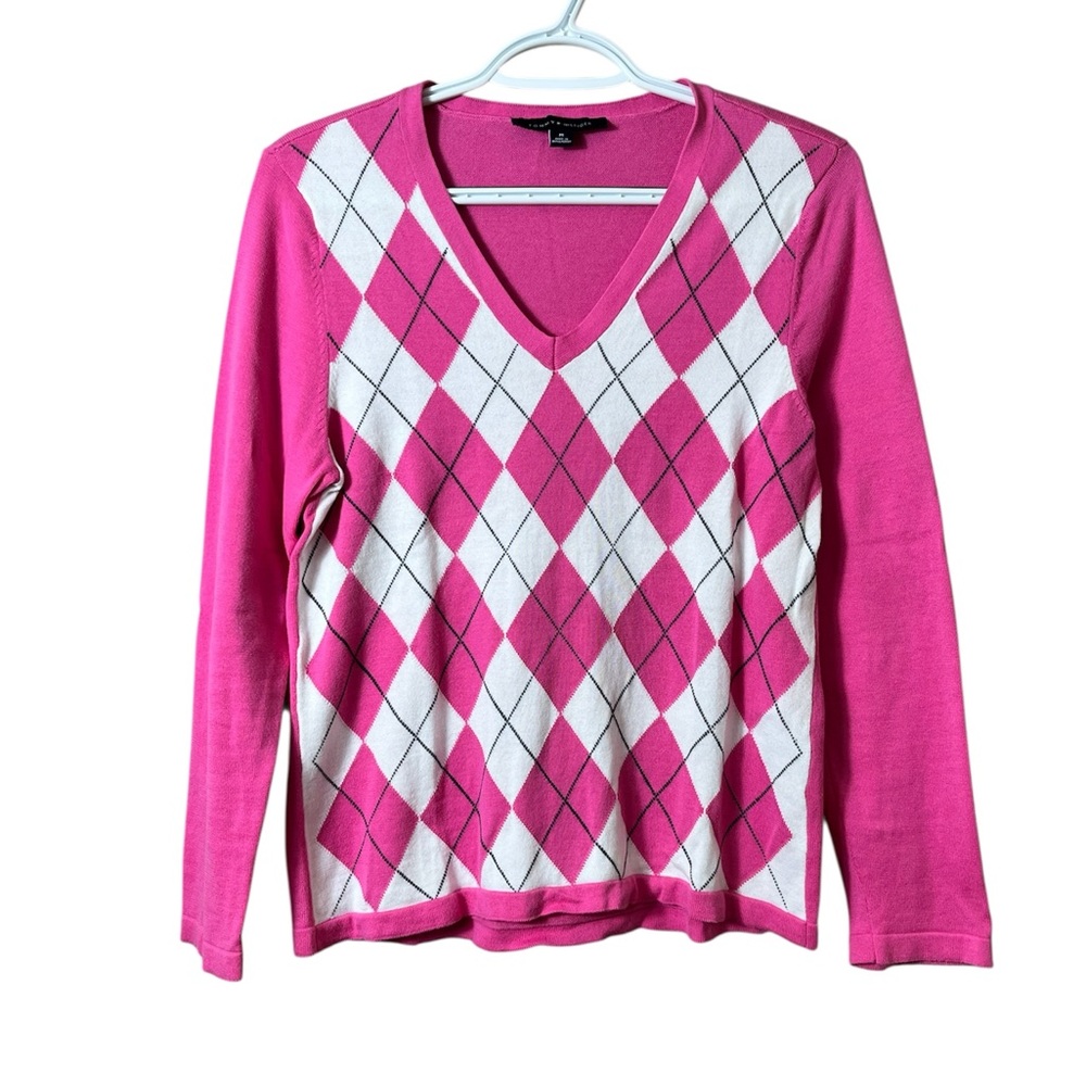 Y2K Tommy Hilfiger Pink White Argyle Cotton V-Neck Sweater Medium Preppy‎ Casual